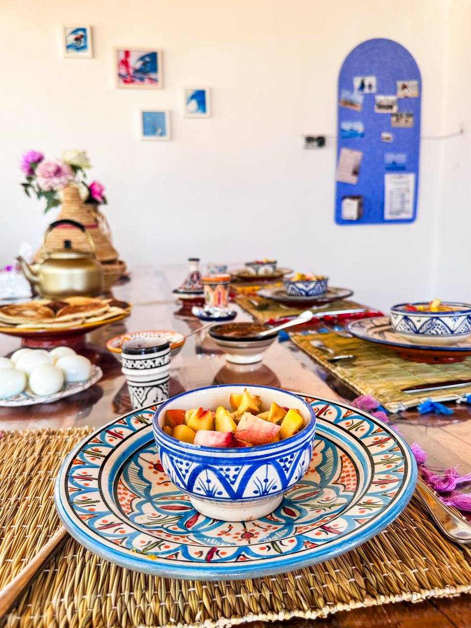 Traditional Moroccan breakfast at the surf camp rooftop terrace